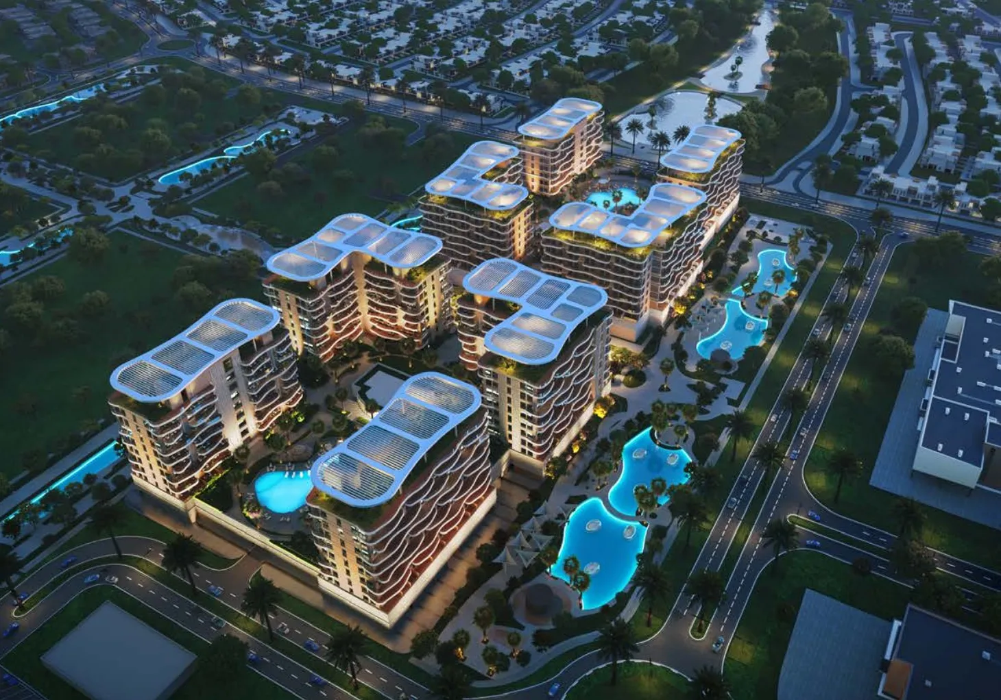 Aerial of Sorrento towers among Damac Lagoons villas and greenery