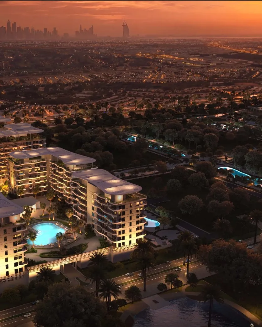 Sorrento towers lit at dusk with lagoon pools below