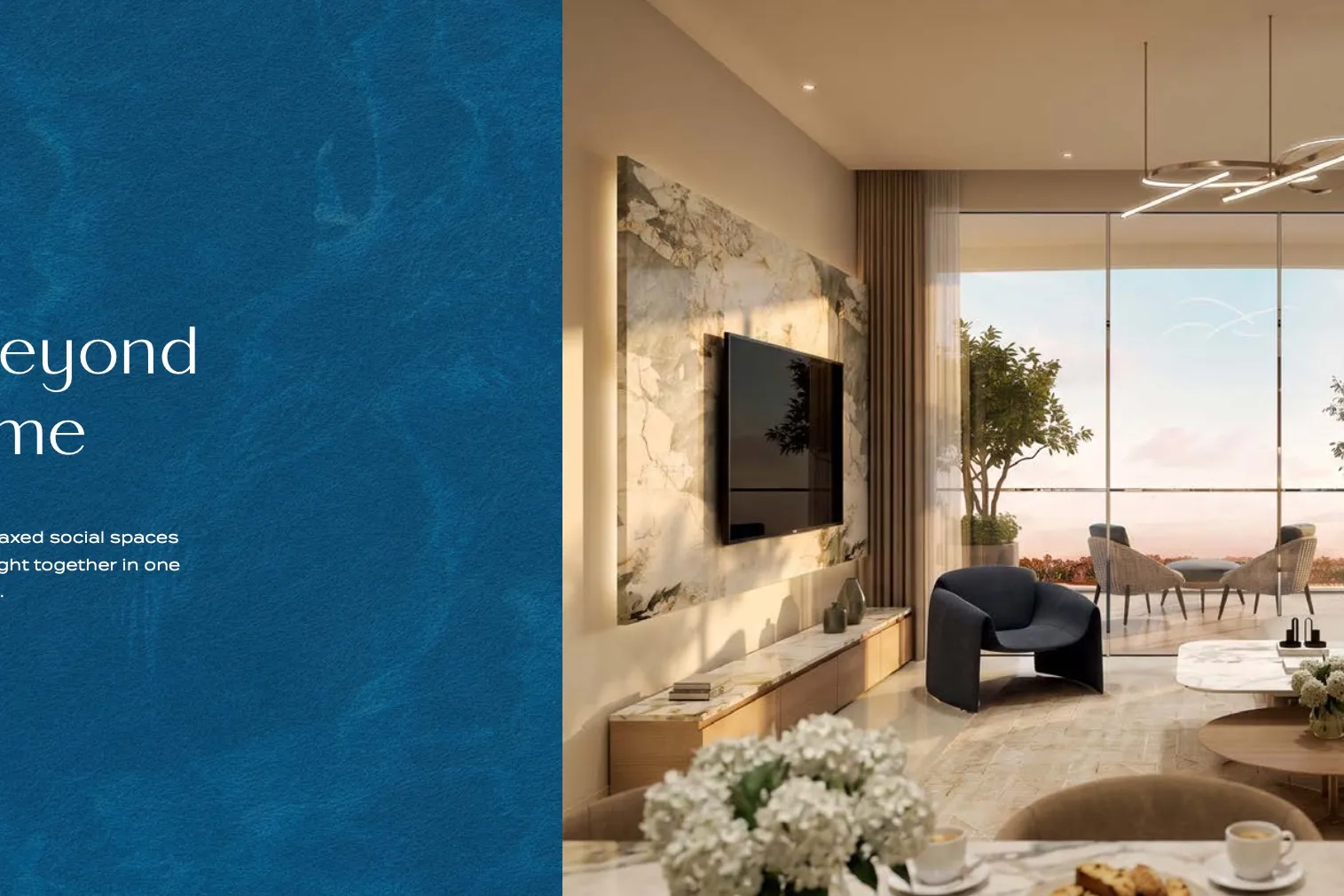 Bright living room with marble wall and floor-to-ceiling glass