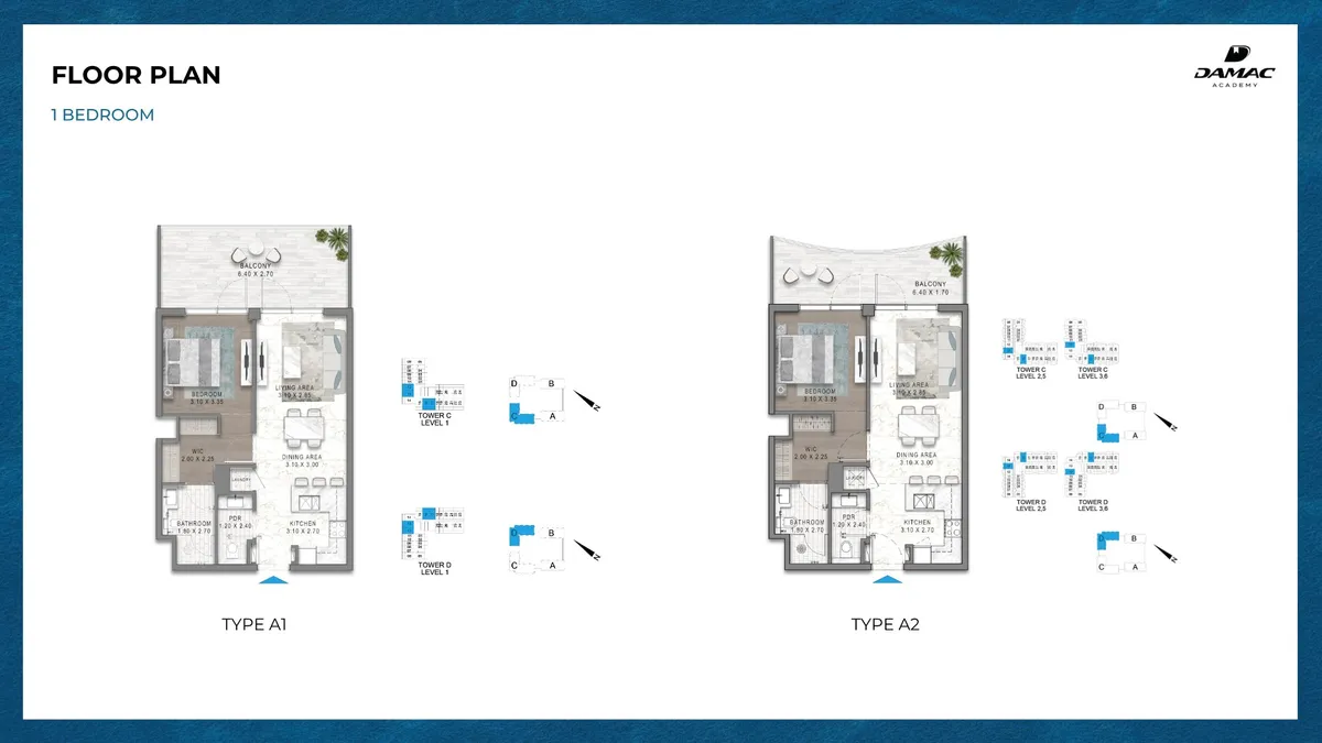 Floor plans: 1 bedroom, with walk-in wardrobe and guest WC
