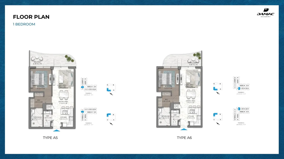 Floor plans: 1 bedroom, with walk-in wardrobe and guest WC
